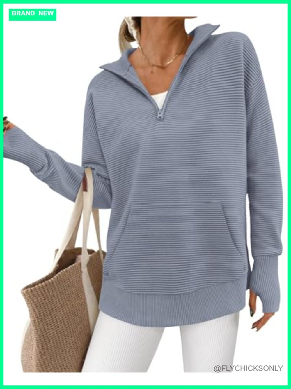 Quarter Zip Pullover Sweater Loose Fit Ribbed Knit